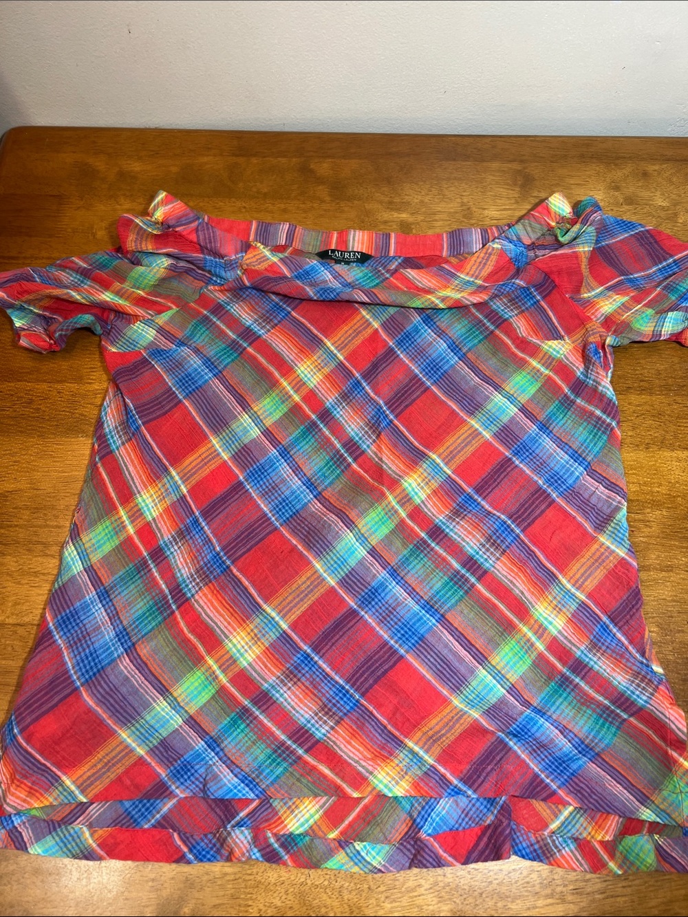 Lauren Ralph Lauren Red Multicolor Plaid Short-Sleeve Shirt Size MEDIUM